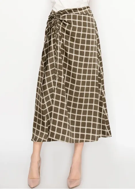 Olive Checkered Midi Skirt with Front Tie