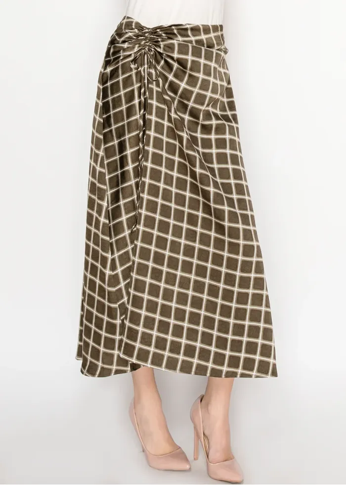 Olive Checkered Midi Skirt with Front Tie