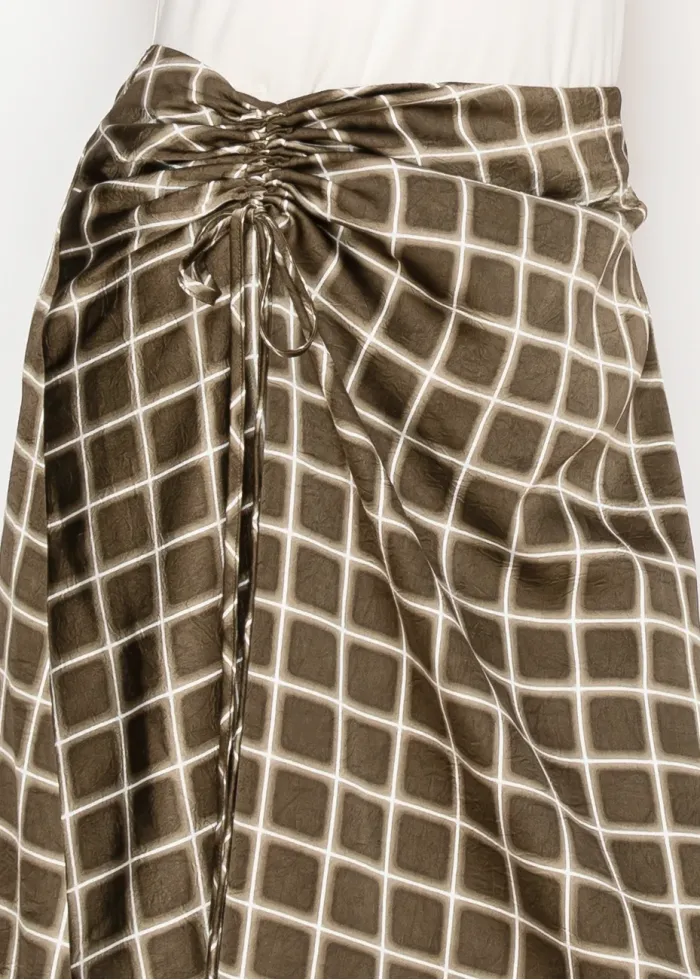 Olive Checkered Midi Skirt with Front Tie