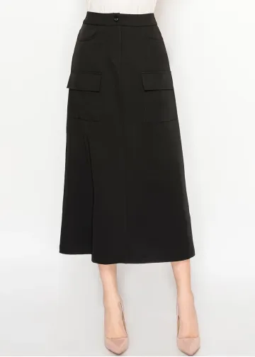 Black Midi Skirt with Cargo Pockets