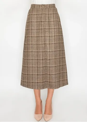 Brown plaid A-line skirt with button waist