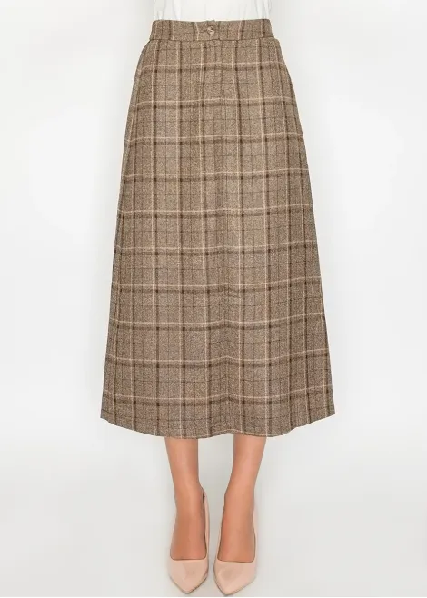 Brown plaid A-line skirt with button waist