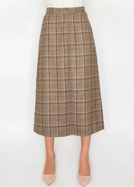 Brown plaid A-line skirt with button waist