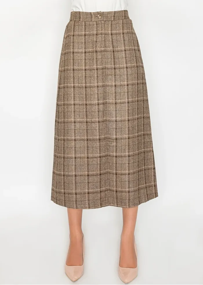 Brown plaid A-line skirt with button waist