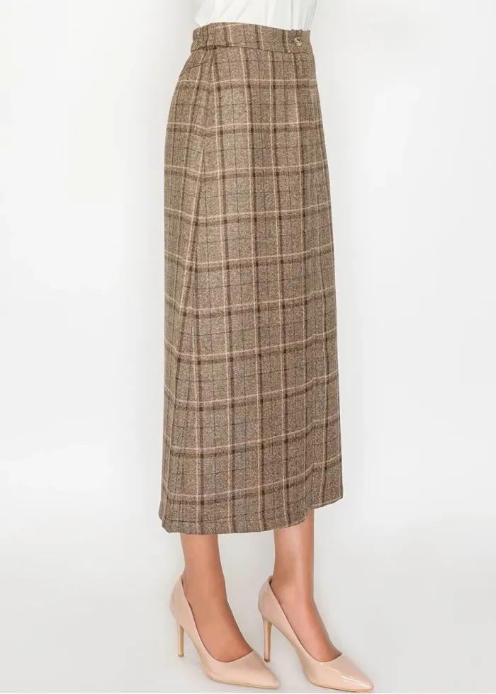 Brown plaid A-line skirt with button waist
