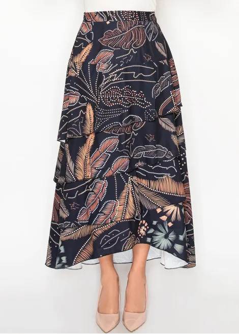 Floral tiered midi skirt in navy print