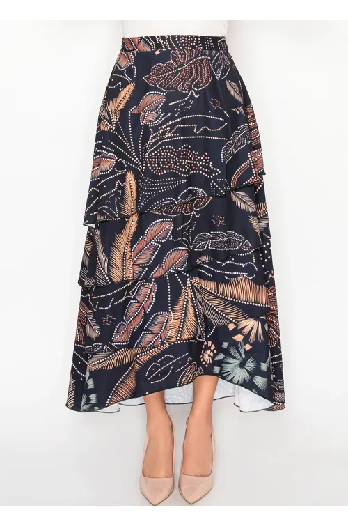 Floral tiered midi skirt in navy print