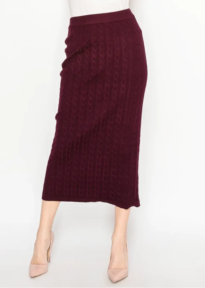 Burgundy Cable Knit Midi Skirt