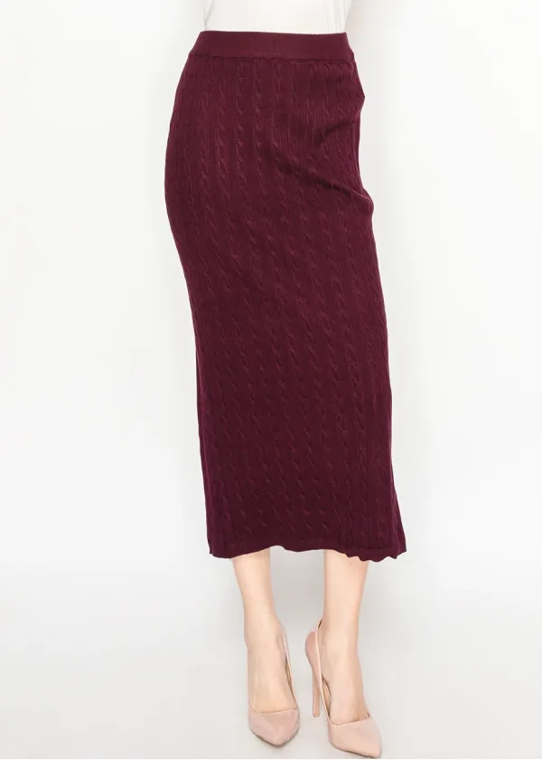 Burgundy Cable Knit Midi Skirt