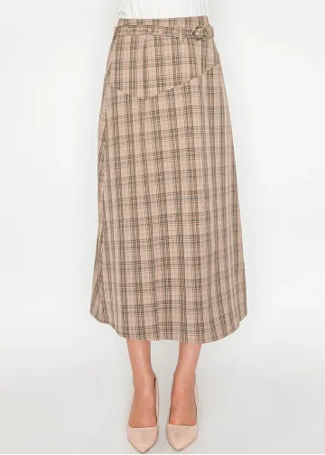 Beige Plaid Midi Skirt with Belt Detail