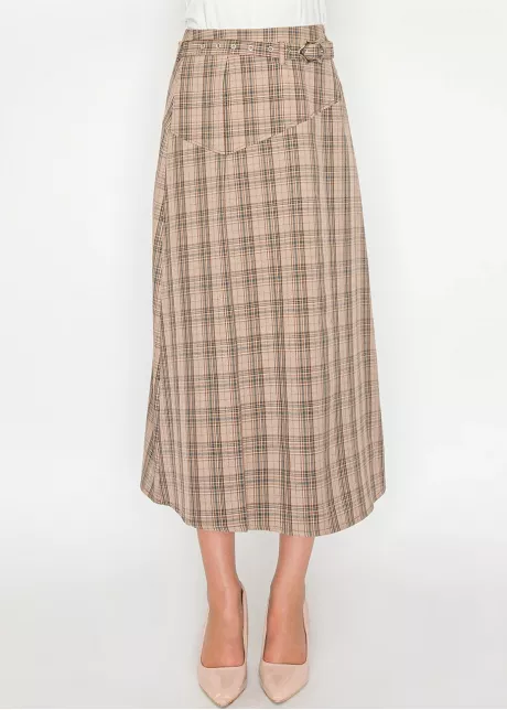 Beige Plaid Midi Skirt with Belt Detail