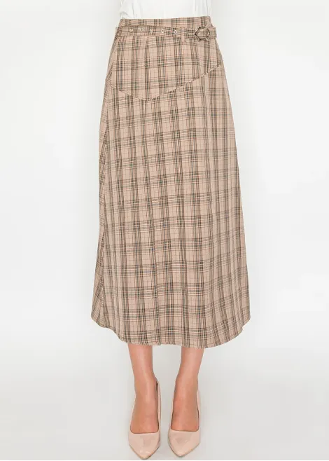 Beige Plaid Midi Skirt with Belt Detail