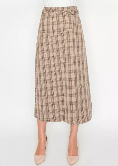 Beige Plaid Midi Skirt with Belt Detail