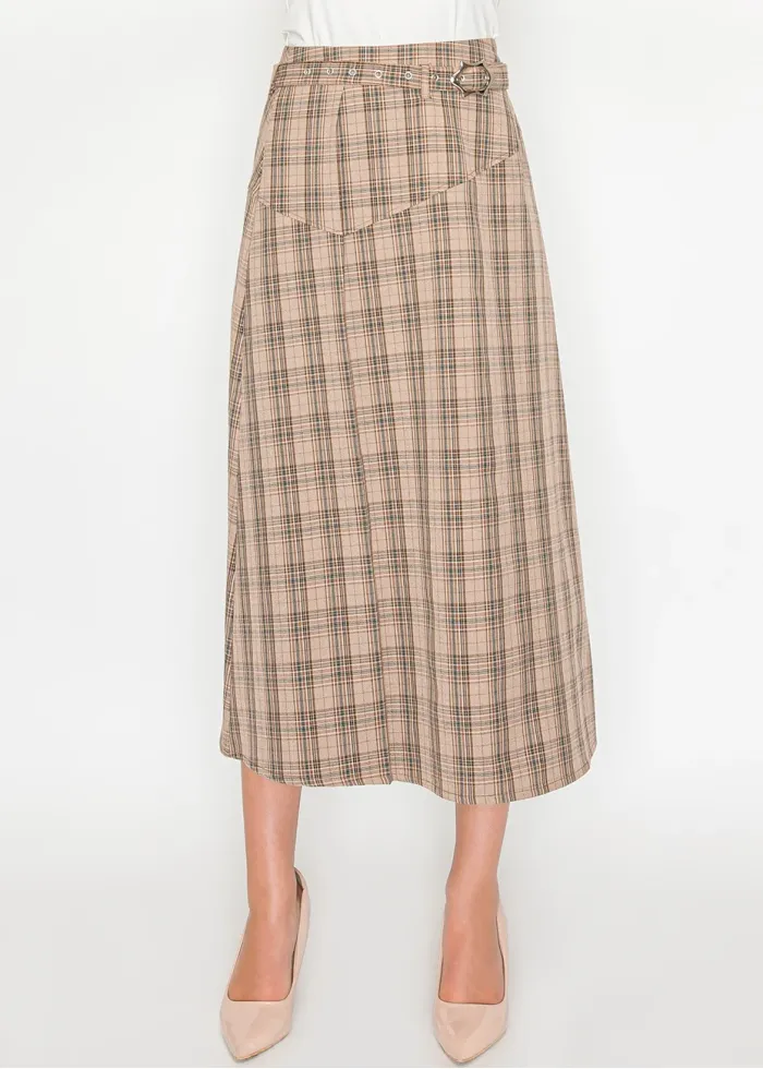 Beige Plaid Midi Skirt with Belt Detail