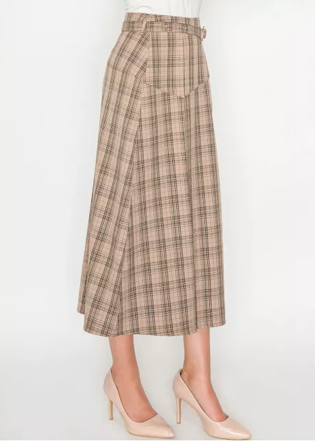 Beige Plaid Midi Skirt with Belt Detail