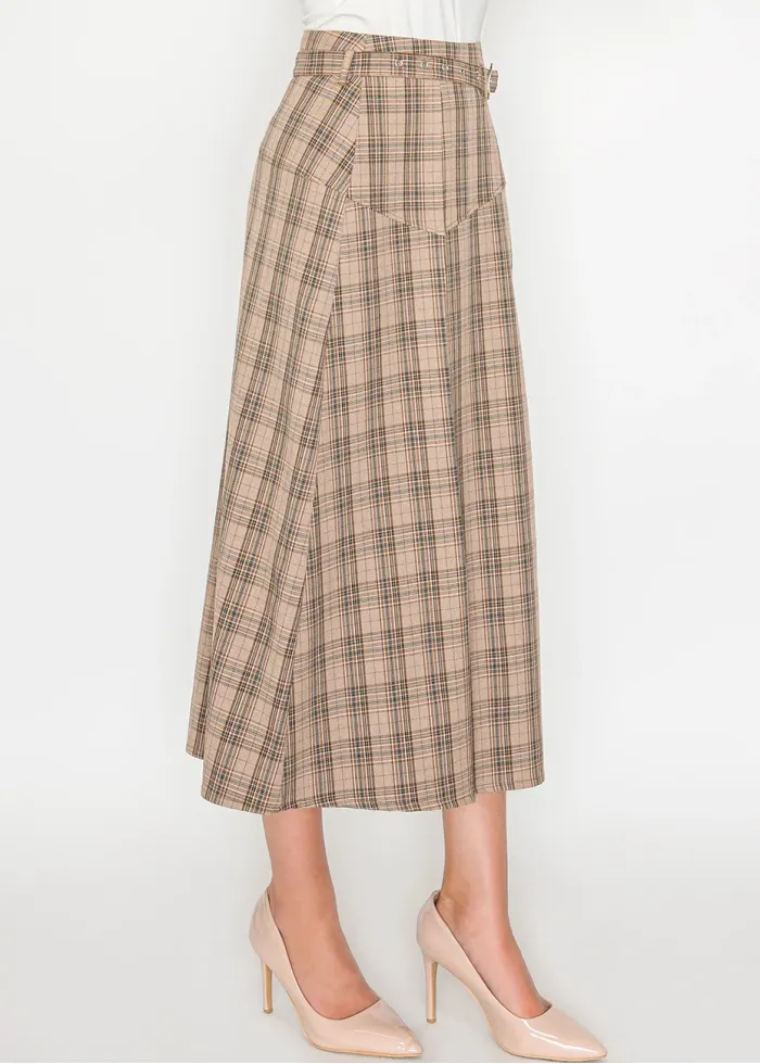 Beige Plaid Midi Skirt with Belt Detail