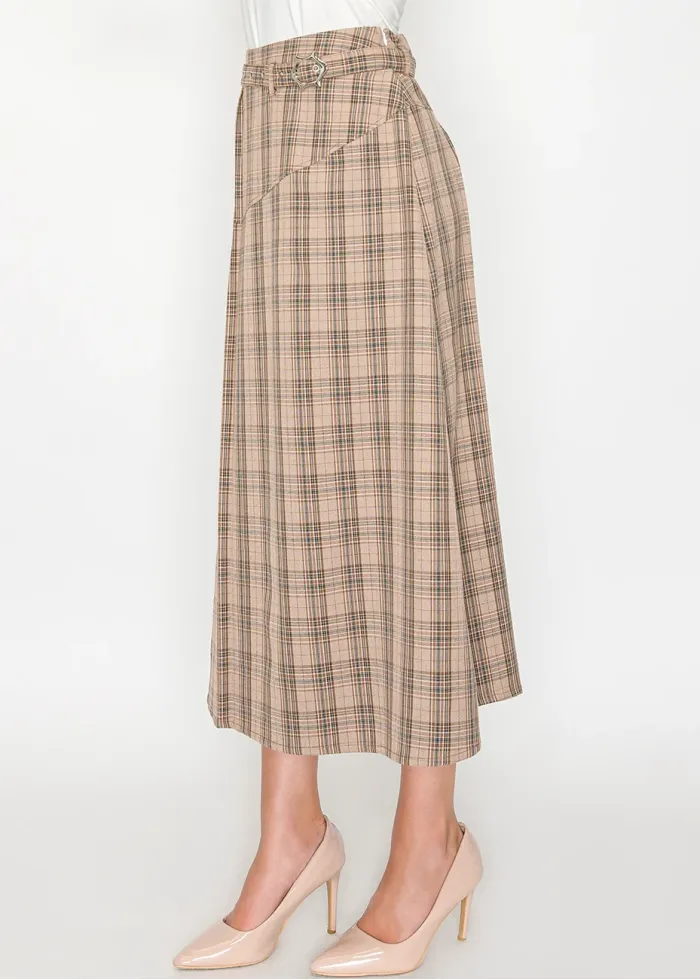 Beige Plaid Midi Skirt with Belt Detail