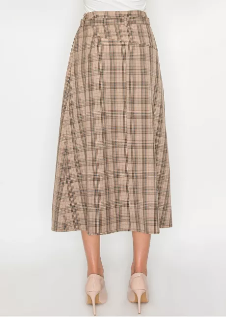 Beige Plaid Midi Skirt with Belt Detail