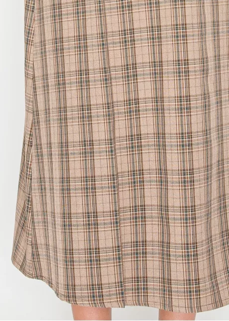 Beige Plaid Midi Skirt with Belt Detail
