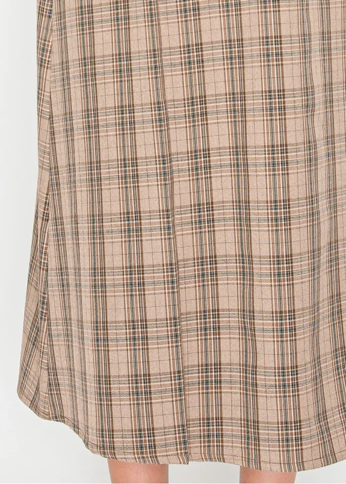 Beige Plaid Midi Skirt with Belt Detail