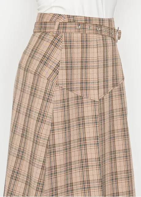 Beige Plaid Midi Skirt with Belt Detail