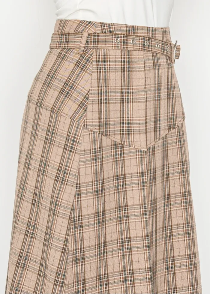 Beige Plaid Midi Skirt with Belt Detail