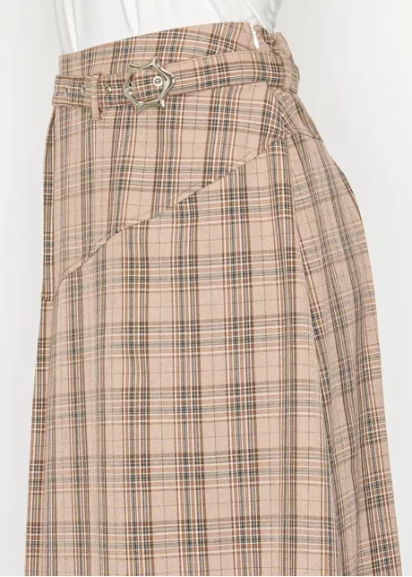 Beige Plaid Midi Skirt with Belt Detail