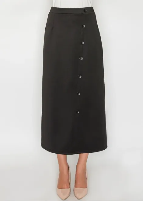 Black Button-Front Midi Skirt