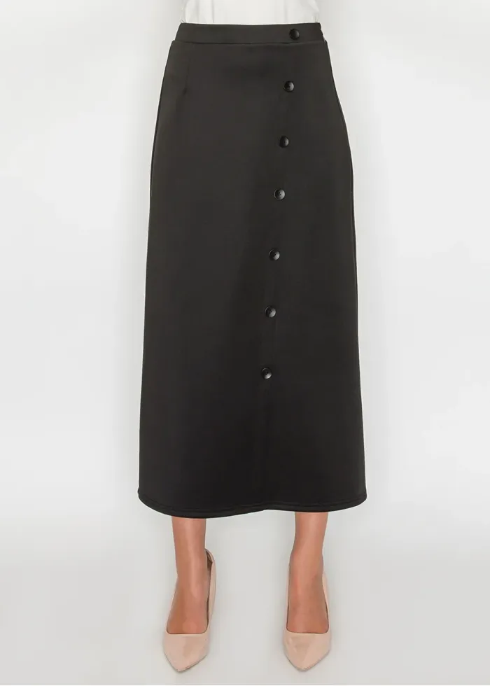 Black Button-Front Midi Skirt