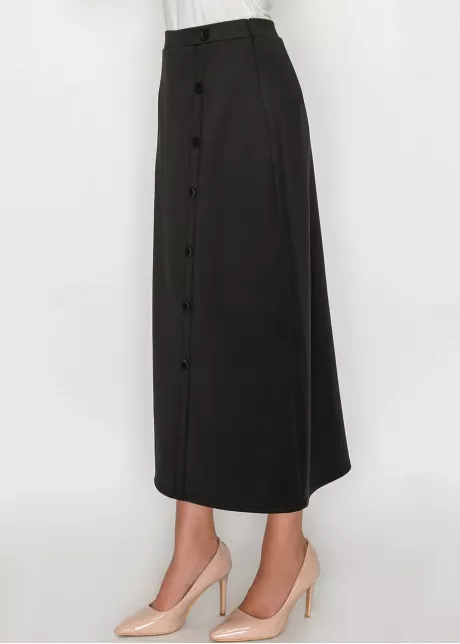 Black Button-Front Midi Skirt