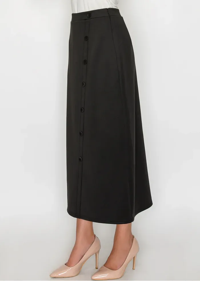 Black Button-Front Midi Skirt