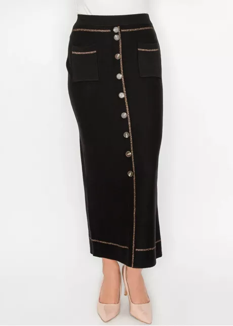 Black Knit Skirt with Buttons and Pockets