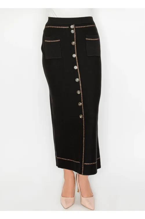 Black Knit Skirt with Buttons and Pockets