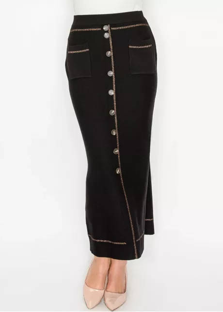 Black Knit Skirt with Buttons and Pockets