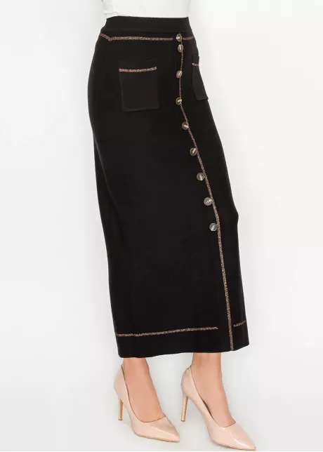 Black Knit Skirt with Buttons and Pockets