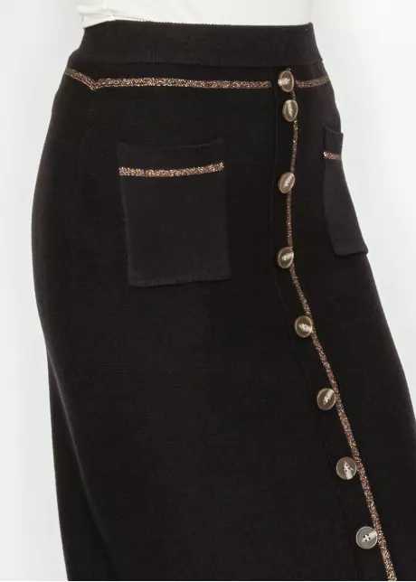 Black Knit Skirt with Buttons and Pockets
