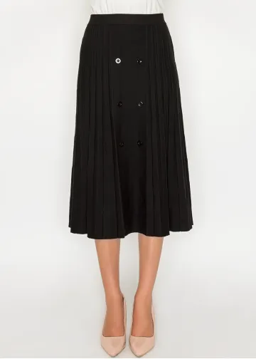 Black pleated midi skirt with button detail