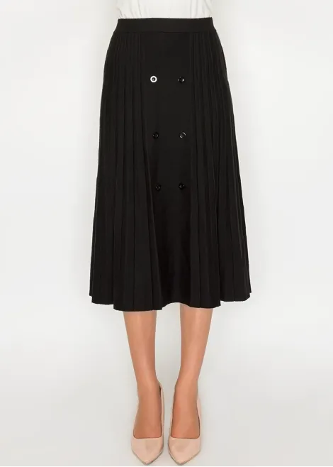 Black pleated midi skirt with button detail