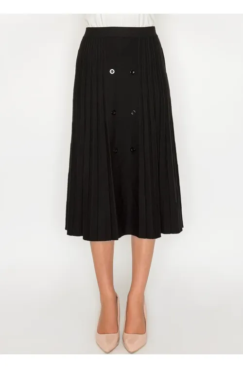 Black pleated midi skirt with button detail