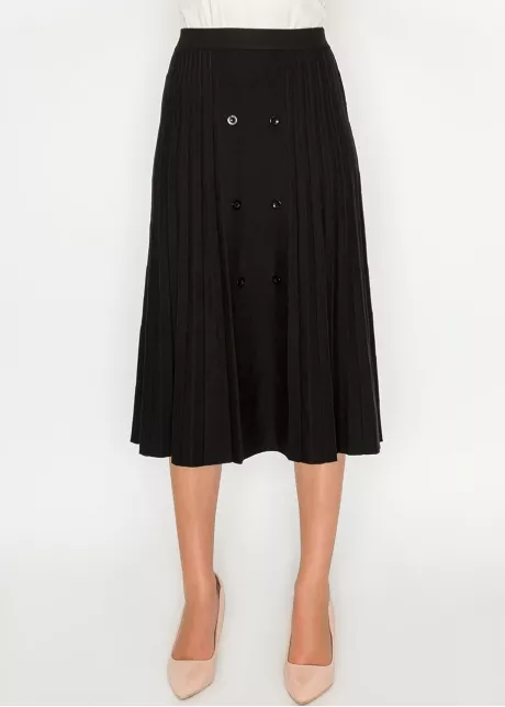 Black pleated midi skirt with button detail