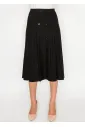 Black pleated midi skirt with button detail
