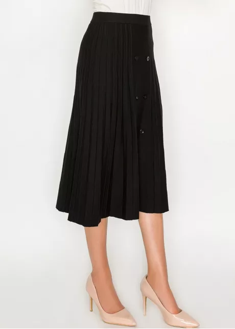 Black pleated midi skirt with button detail
