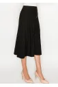 Black pleated midi skirt with button detail