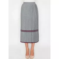 Grey Knit Pleated Skirt with Burgundy Stripes