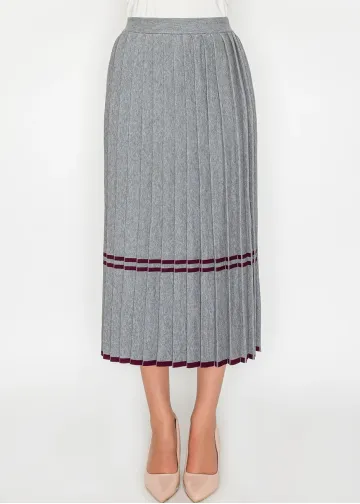 Grey Knit Pleated Skirt with Burgundy Stripes