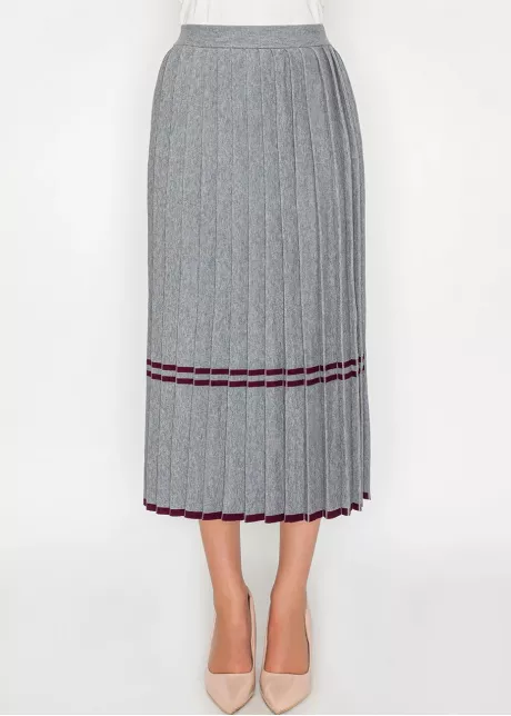 Grey Knit Pleated Skirt with Burgundy Stripes