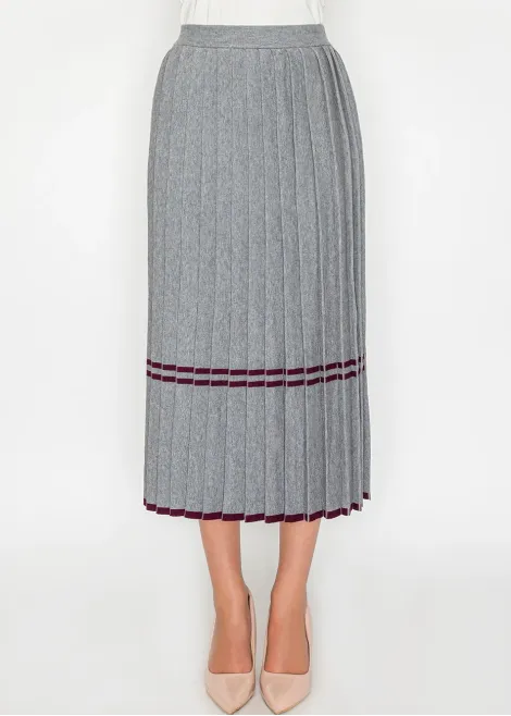 Grey Knit Pleated Skirt with Burgundy Stripes