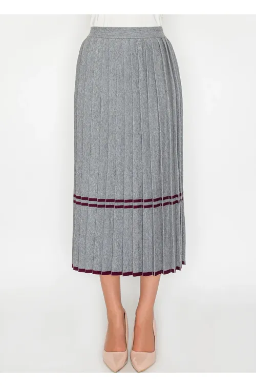 Grey Knit Pleated Skirt with Burgundy Stripes