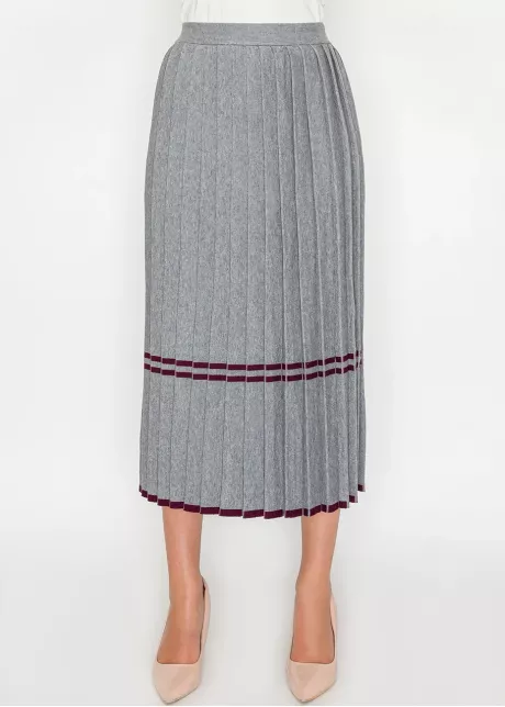 Grey Knit Pleated Skirt with Burgundy Stripes