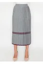 Grey Knit Pleated Skirt with Burgundy Stripes
